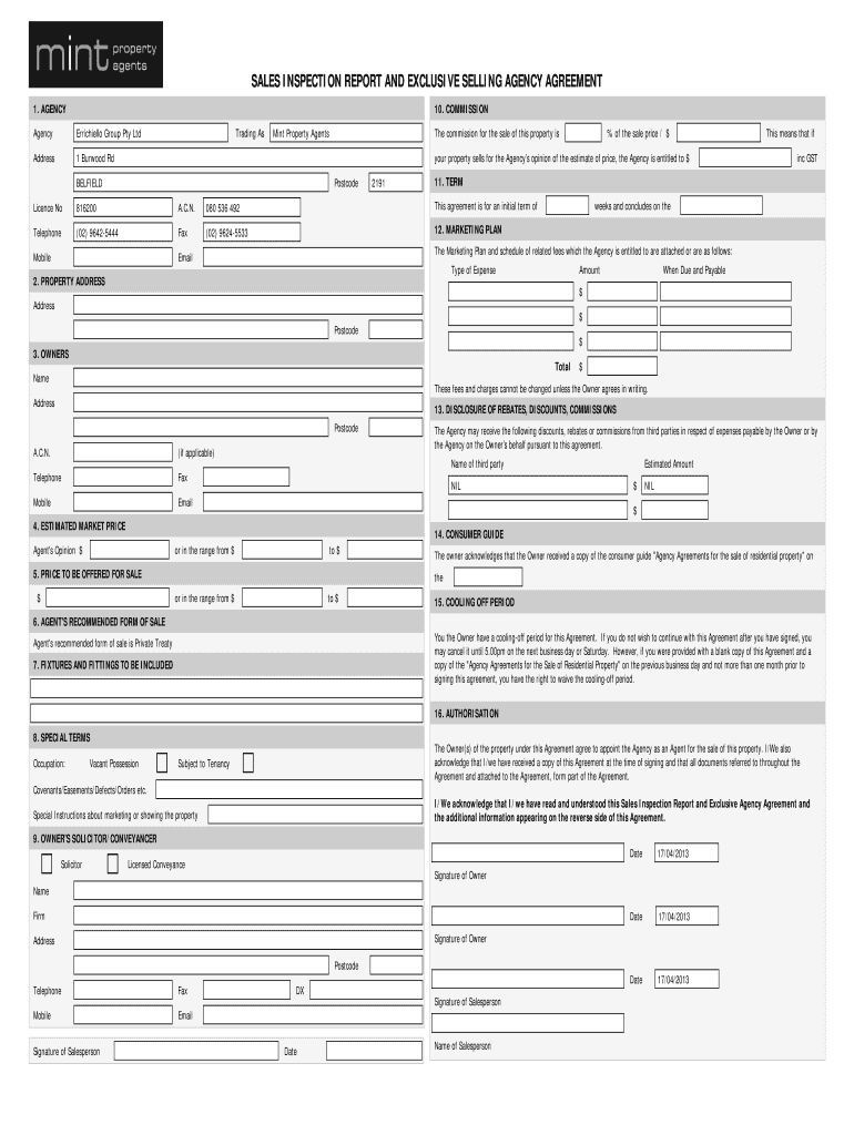  Sales Inspection Report Agency Agreement 2013-2024