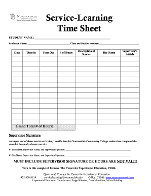 Service Learning Time Sheet Normandale Community College Normandale  Form