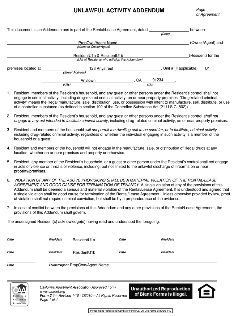 Unlawful Activity Addendum 2 4  Power Associates  Form