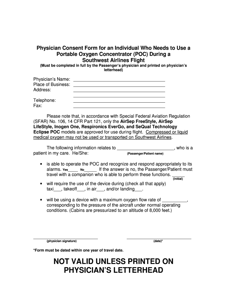 Southwest Airlines Oxygen Consent Form