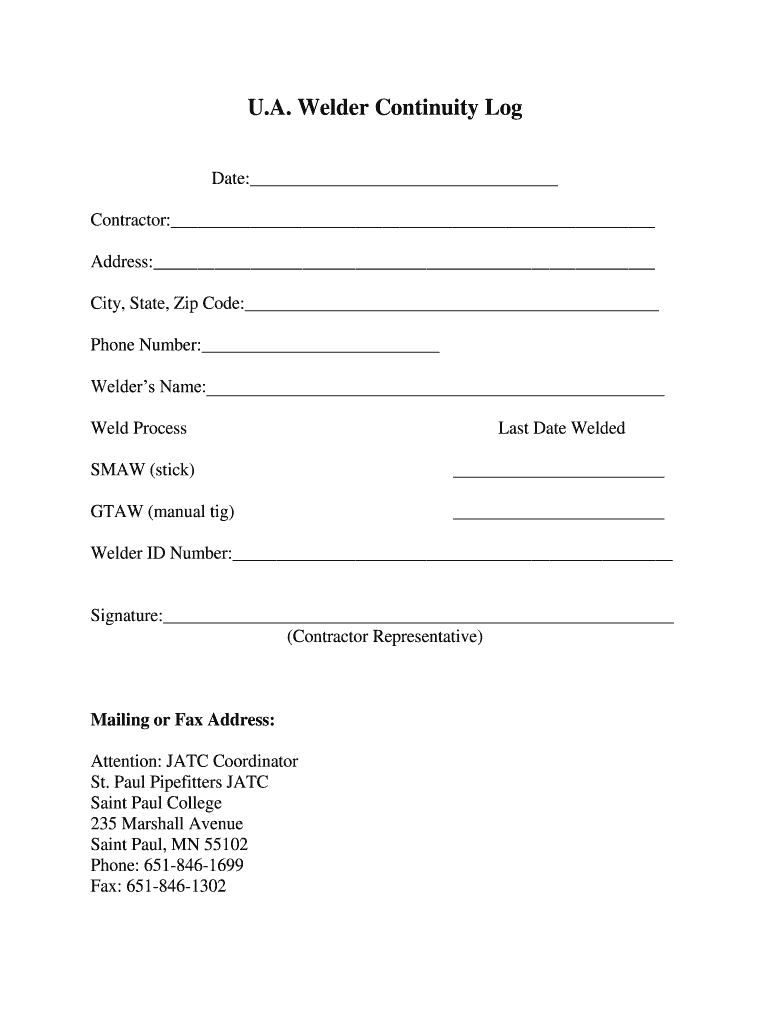 Welder Continuity Log PDF  Form