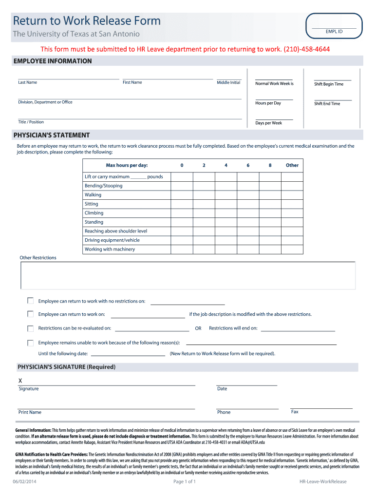 Work Release Form  the University of Texas at San Antonio