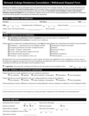 Mohawk College Residence Cancellation Withdrawal Request Form