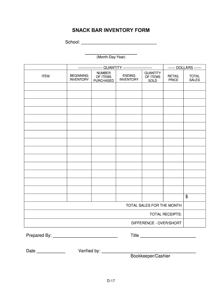 Best Little League Snack Bar Inventory Program  Form