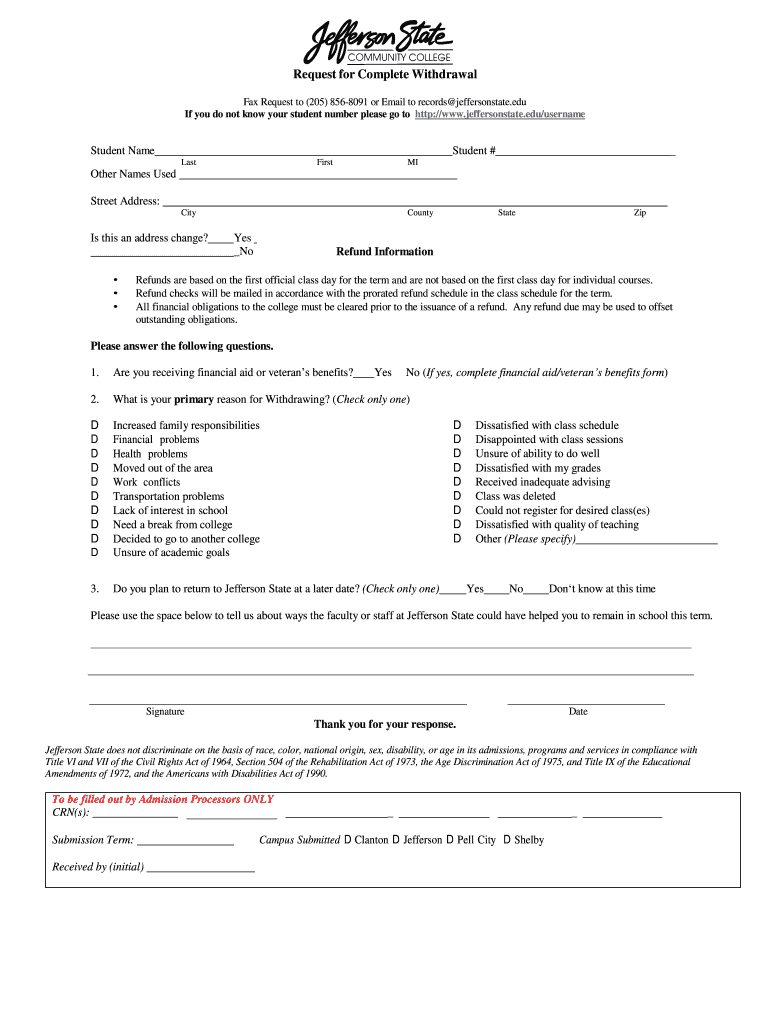Request for Course Withdrawal Jefferson State Community  Form