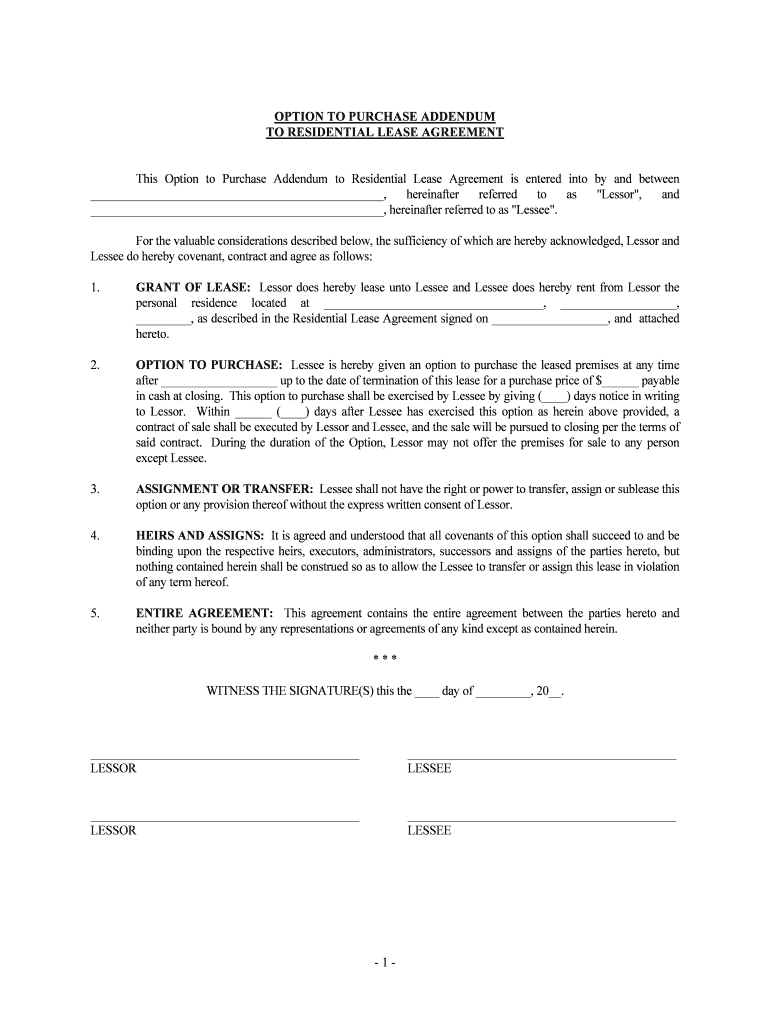 Residential Lease Agreement Template with Option to Purchase  Form