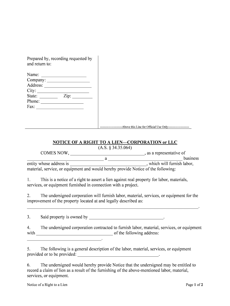 NOTICE of a RIGHT to a LIENCORPORATION or LLC  Form