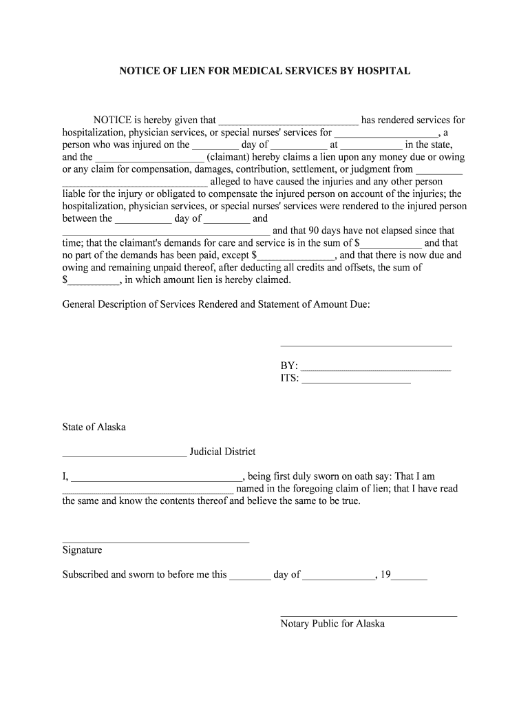 NOTICE of LIEN for MEDIAL SERVICES by HOSPITAL  Form