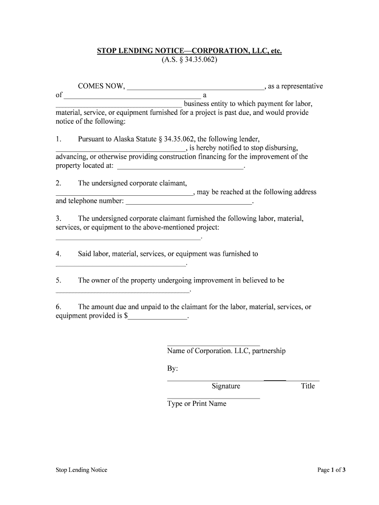 STOP LENDING NOTICE INDIVIDUAL  Form