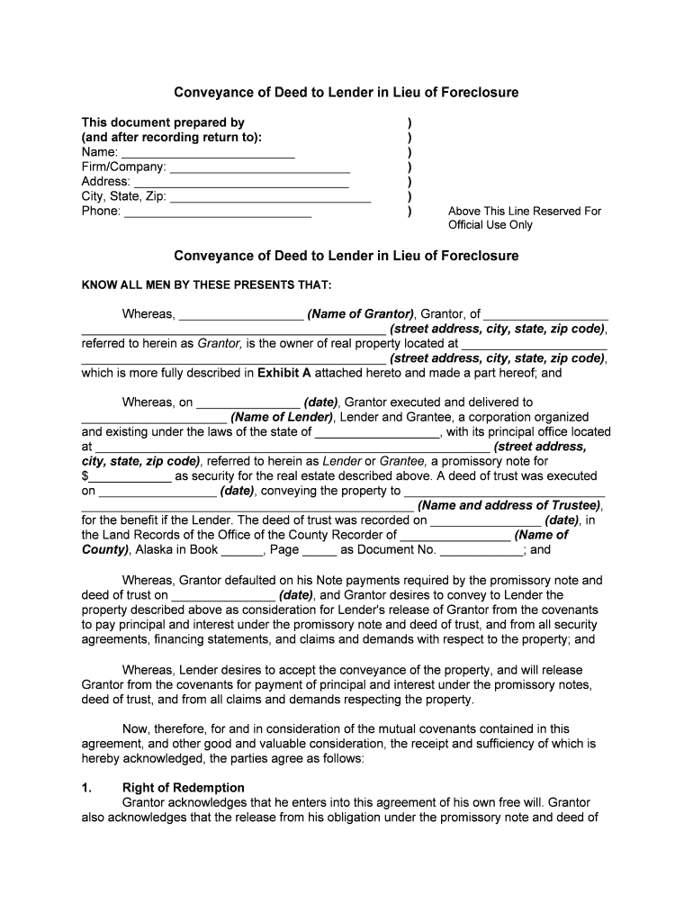 Fill and Sign the 1 Form 6 Deed in Lieu of Foreclosure Agreement This Deed 