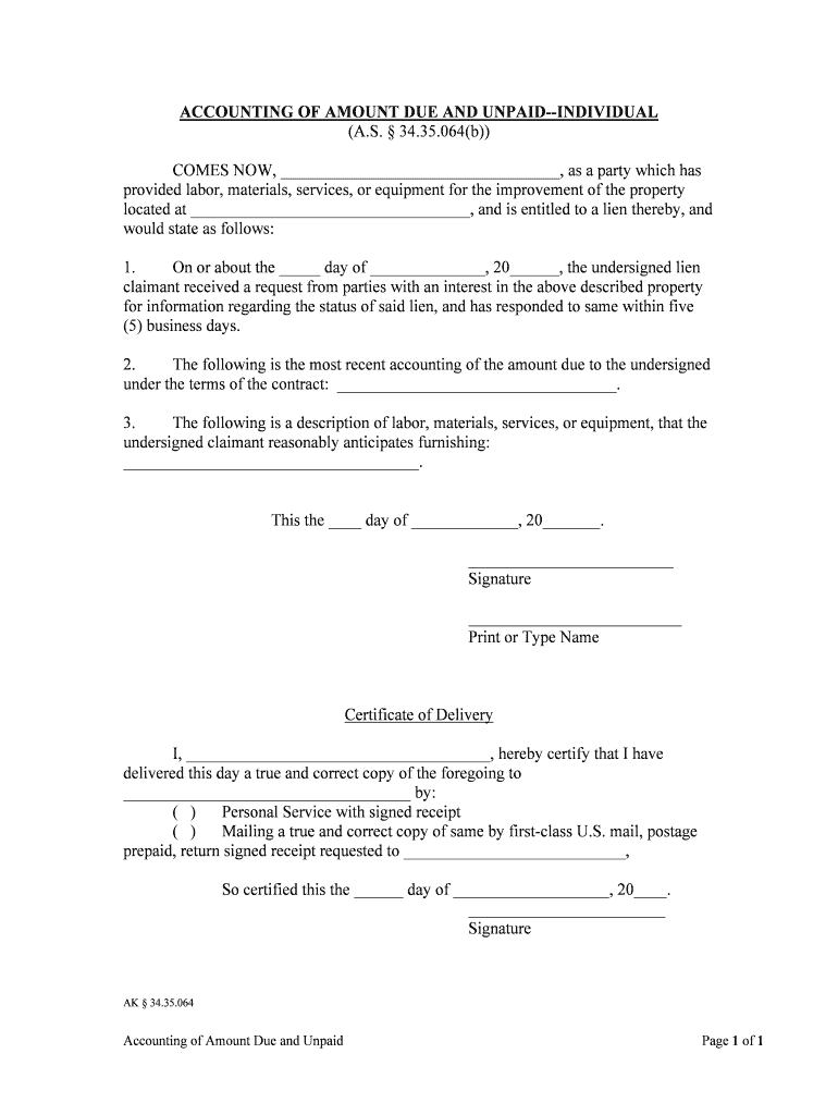 RECENT ACCOUNTING of AMOUNT DUE and UNPAID INDIVIDUAL  Form