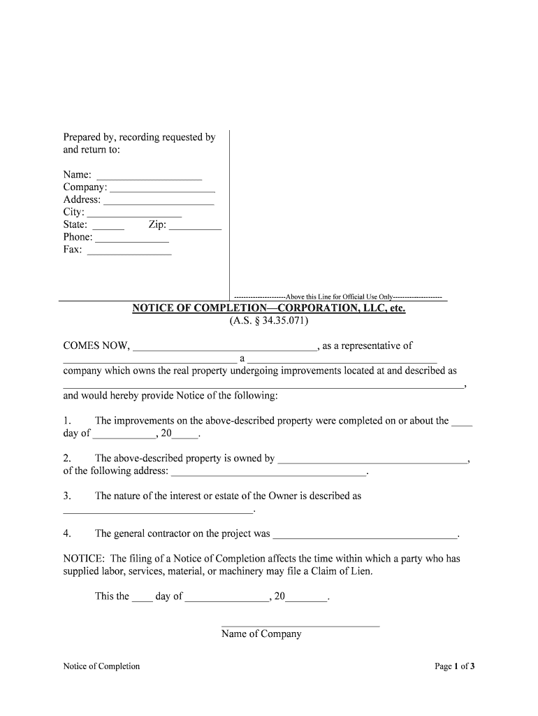 NOTICE of COMPLETIONCORPORATION, LLC, Etc  Form