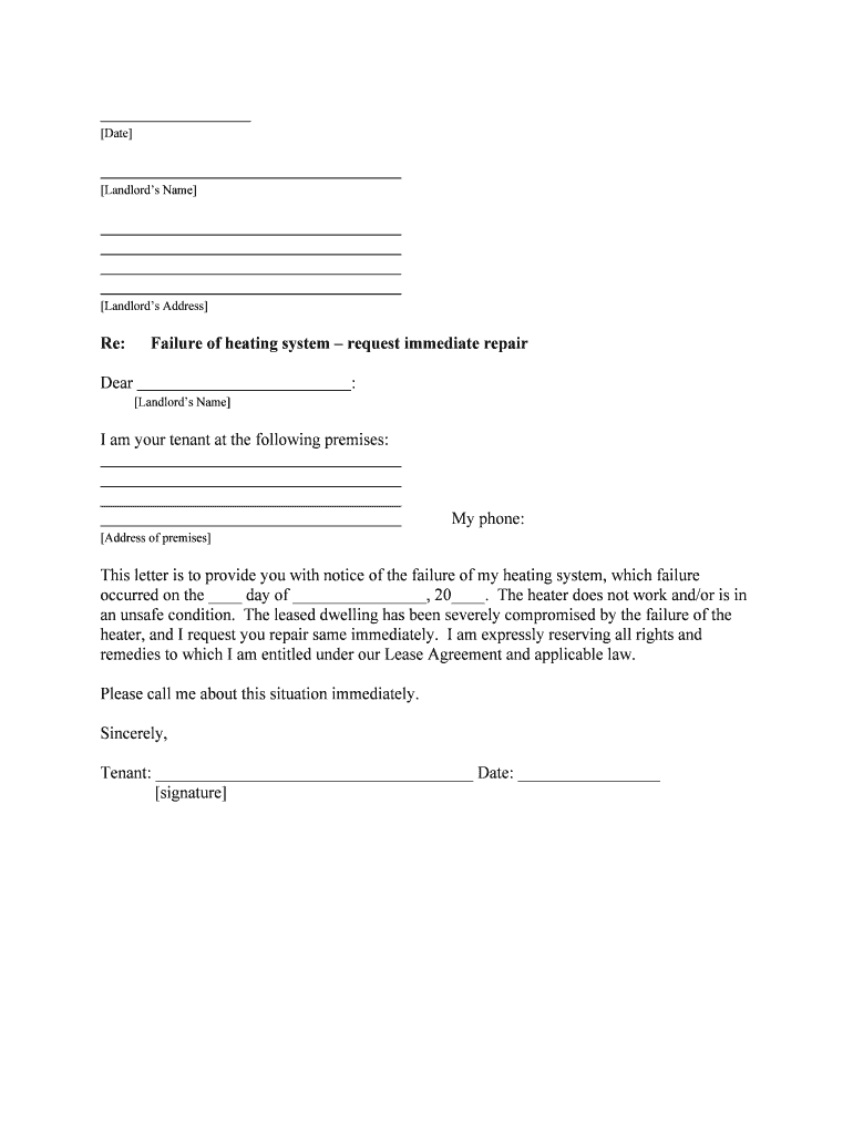Failure of Heating System Request Immediate Repair  Form