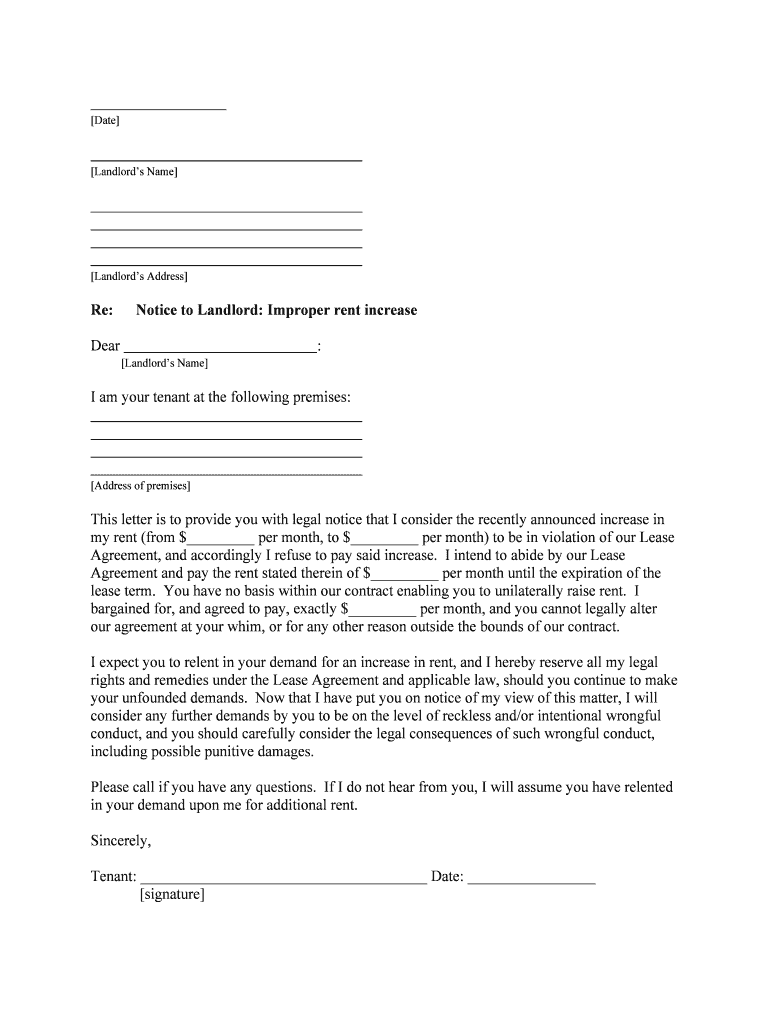 Notice to Landlord Improper Rent Increase  Form