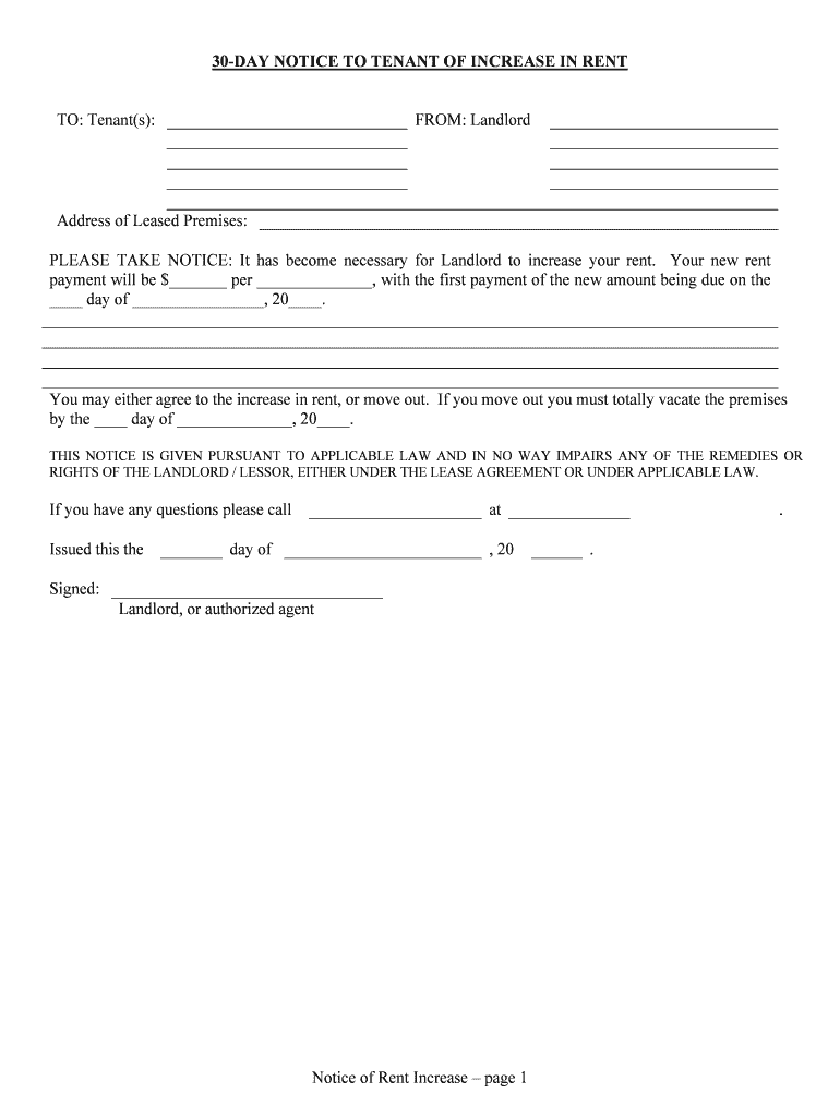 Sample Letter to Increase Rent for Monthly Tenants the  Form