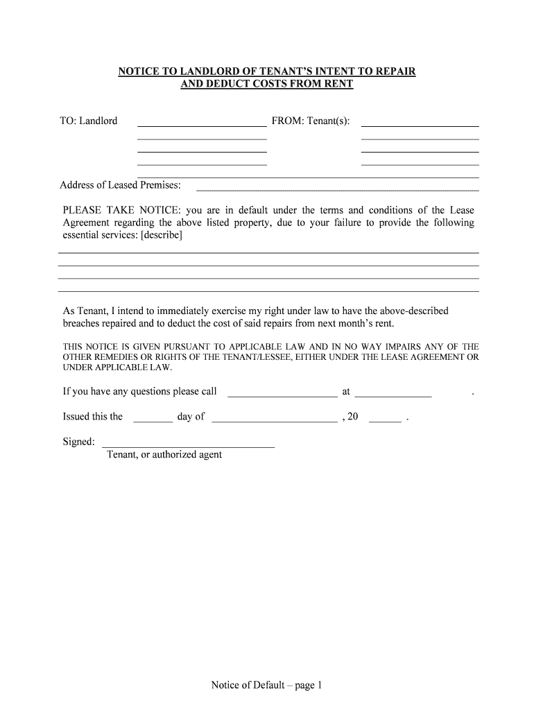 NOTICE to LANDLORD of TENANTS INTENT to REPAIR  Form
