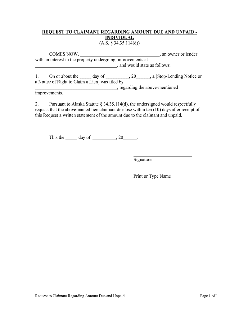 REQUEST to CLAIMANT REGARDING AMOUNT DUE and UNPAID INDIVIDUAL  Form