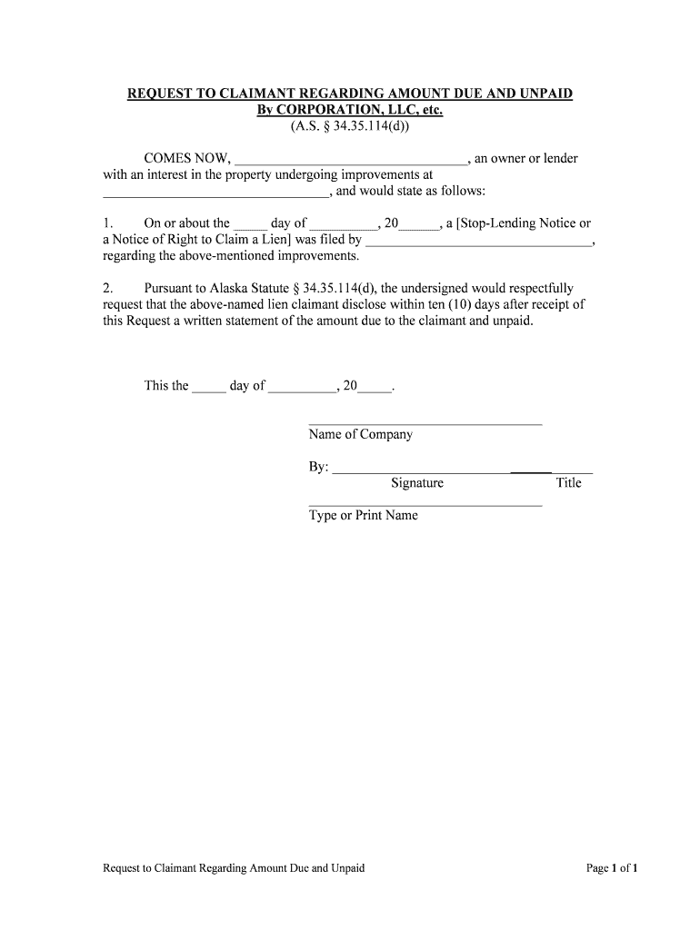 REQUEST to CLAIMANT REGARDING AMOUNT DUE and UNPAID  Form