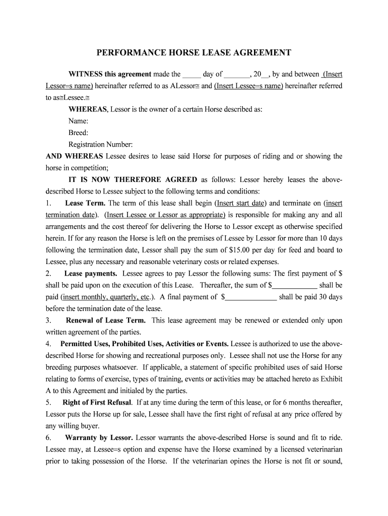 Horse Lease Agreement Example  Form