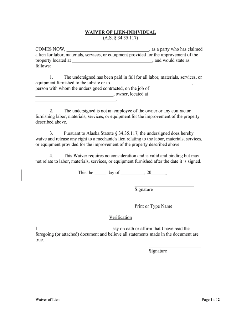 WAIVER of LIEN INDIVIDUAL  Form