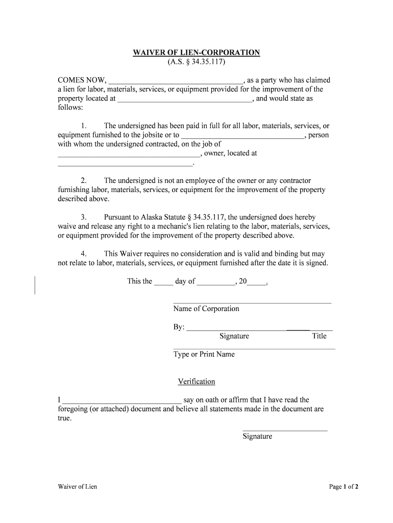 WAIVER of LIEN CORPORATION  Form