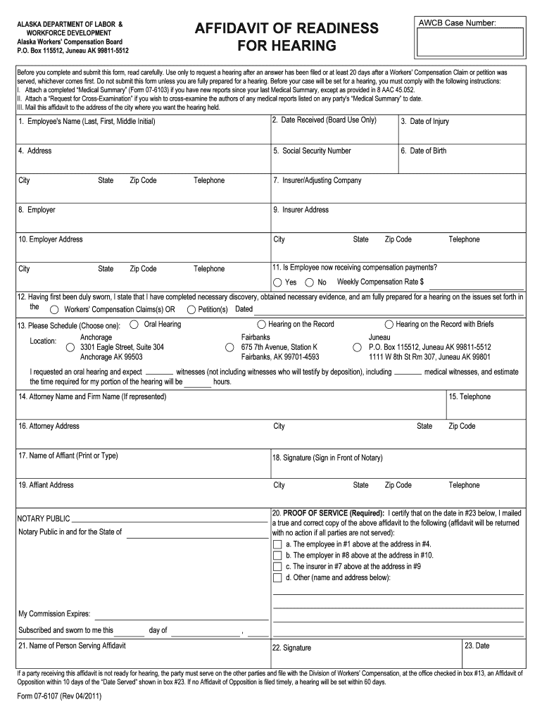 Affidavit of Readiness for Hearing Alaska Department of Labor  Form