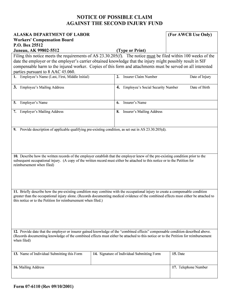 Notice of Possible Claim Against the Second Injury Fund  Form