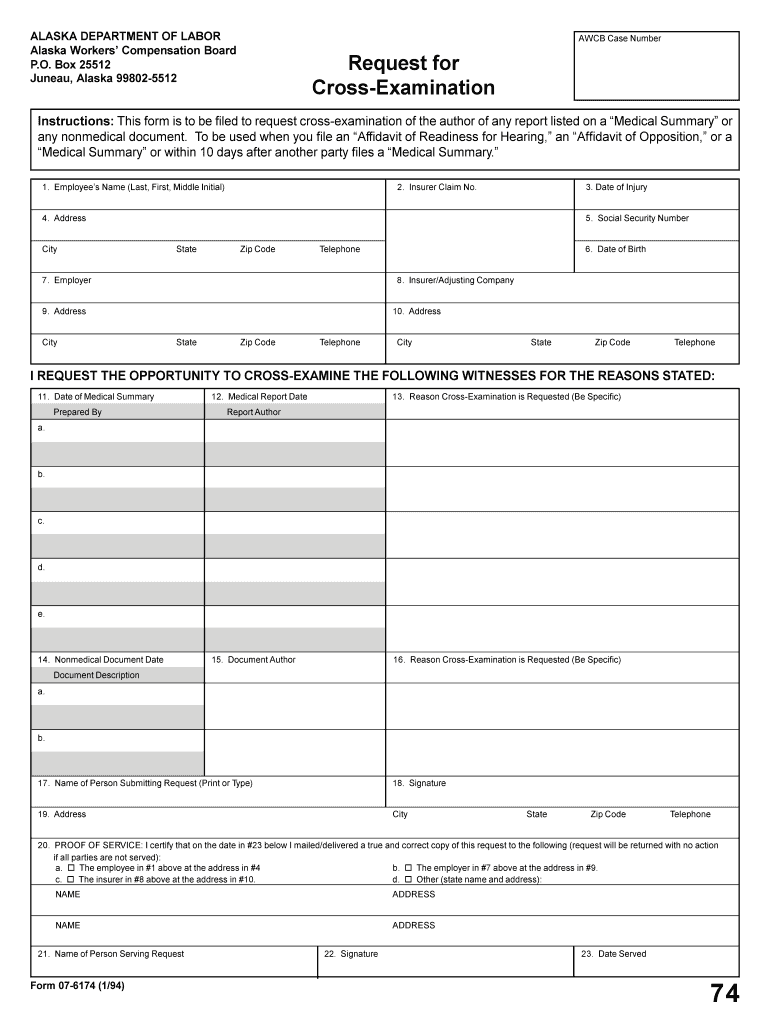 Request for Cross Examination Alaska Department of Labor  Form