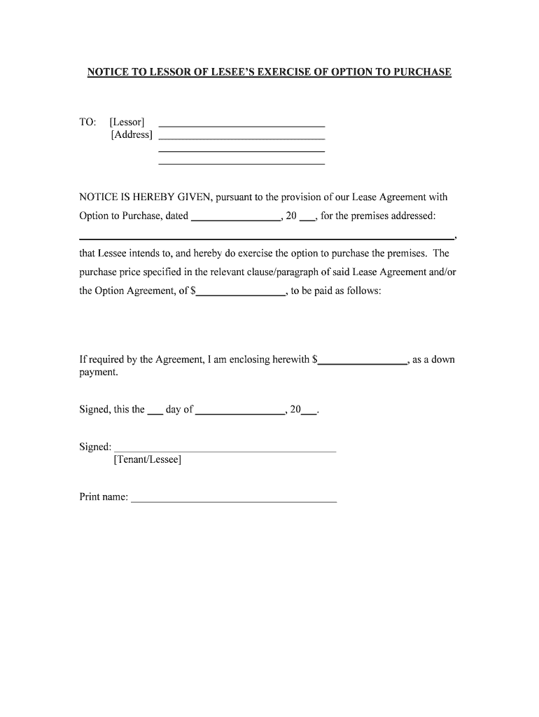 NOTICE to LESSOR of LESEES EXERCISE of OPTION to PURCHASE  Form