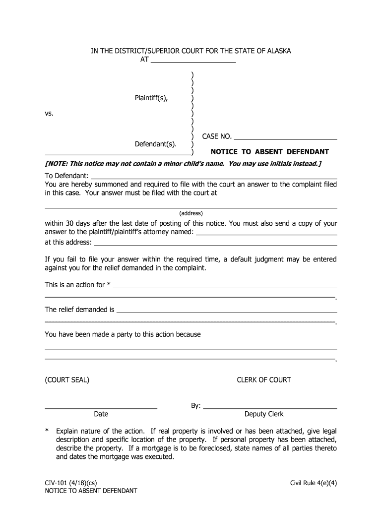 CIV 106 How to Serve a Summons in a Civil State of Alaska  Form