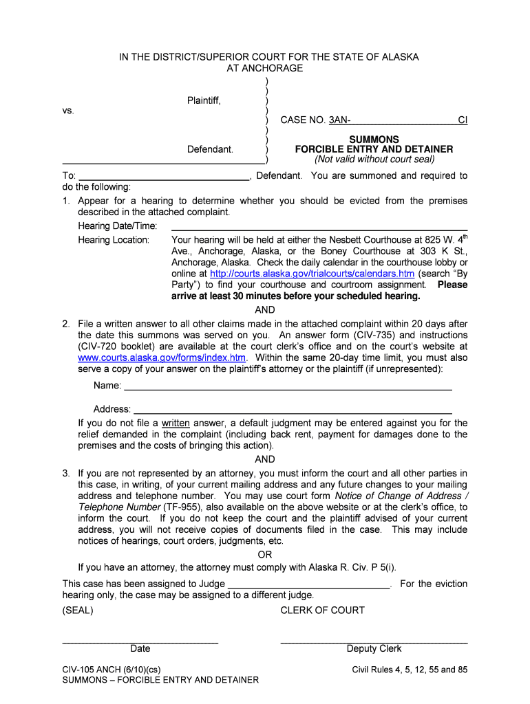 Fillable Online CIV 105 ANCH FED Summons 6 10 Civil  Form