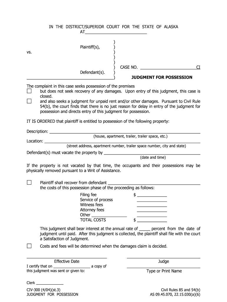 CIV 300 Judgment for Possession Civil Forms