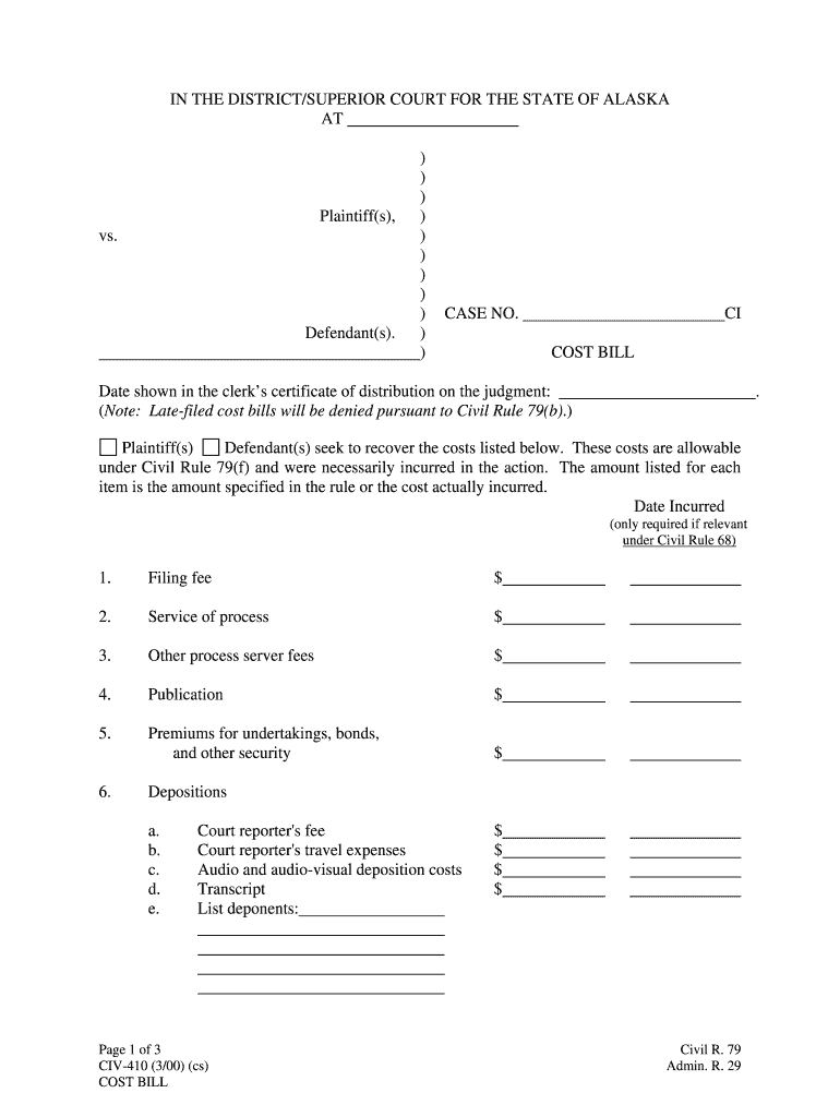 CIV 401 Cost Bill 3 00 Civil Forms