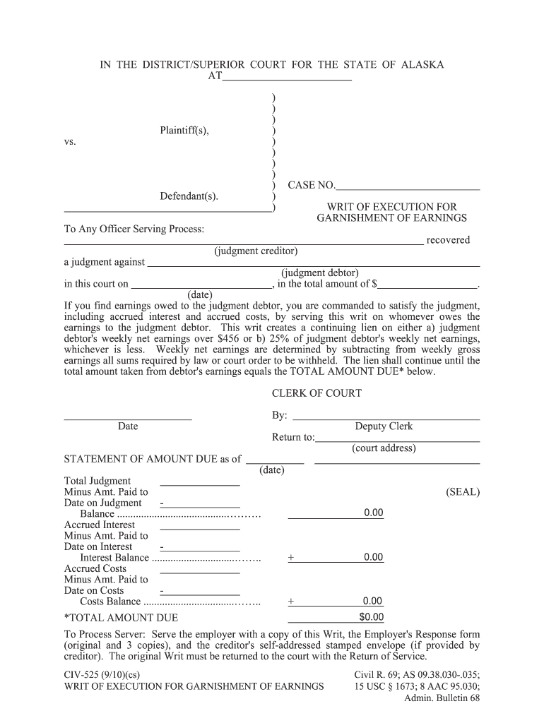 ICIV 525 Writ of Execution for Garnishment of Earnings 9 10 Civil Forms