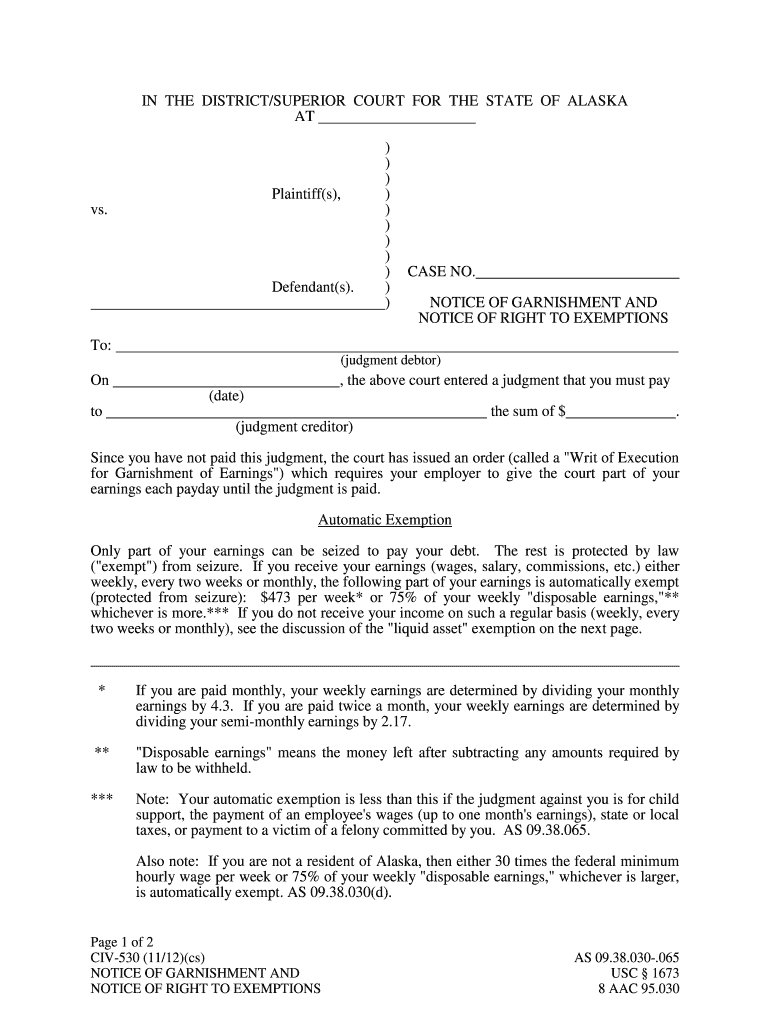 CIV 530 Notice of Garnishment &amp;amp; Notice of Right to Exemptions 1112 PDF Fill in Civil Forms