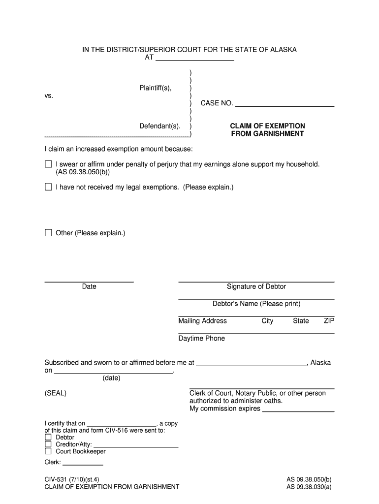 CIV 531 Claim of Exemption from Garnishment 710 Civil Forms