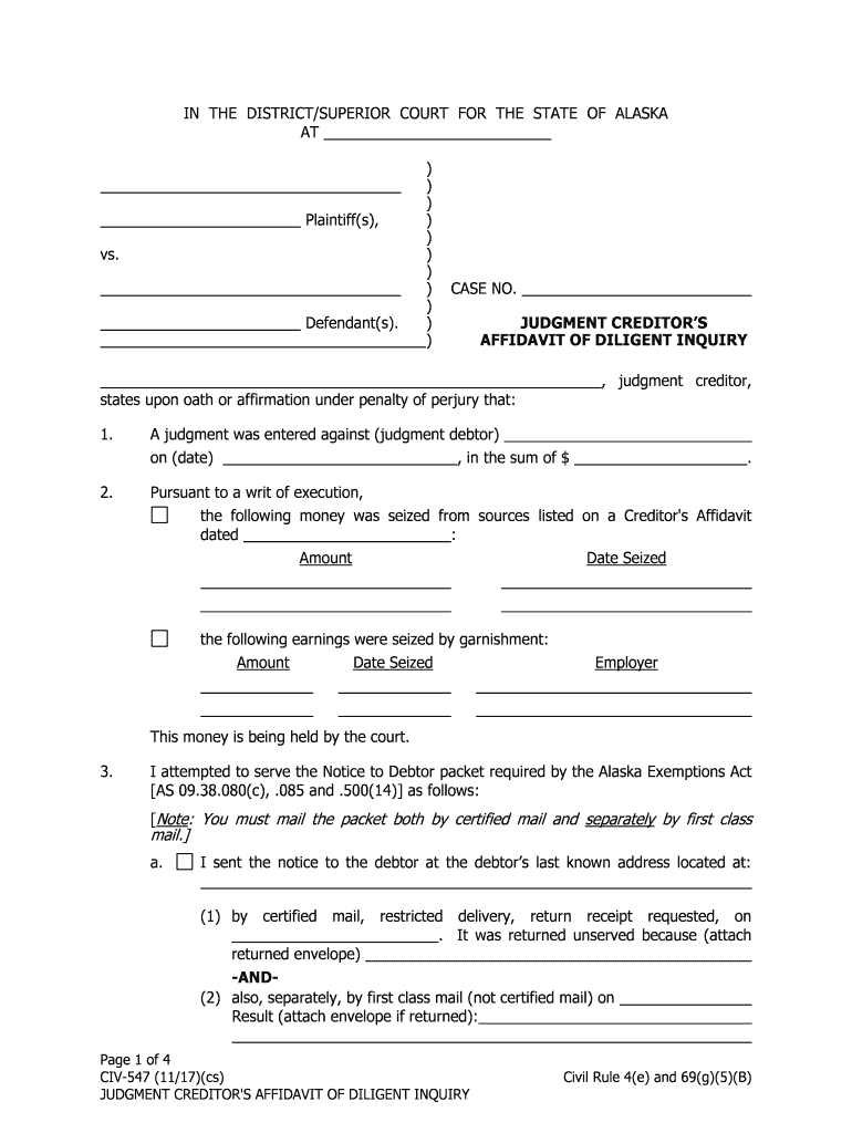 CIV 547 Judgment Creditor's Affidavit of Diligent Inquiry  Form