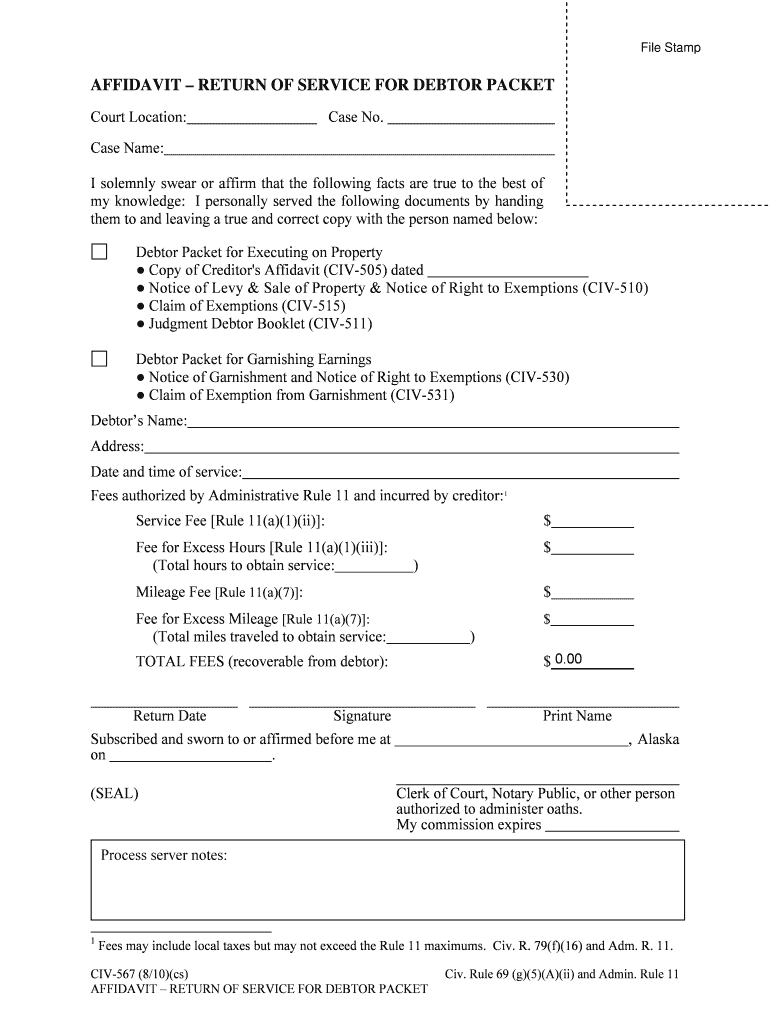 Affidavit Return of Service for Writ of Execution Single  Form