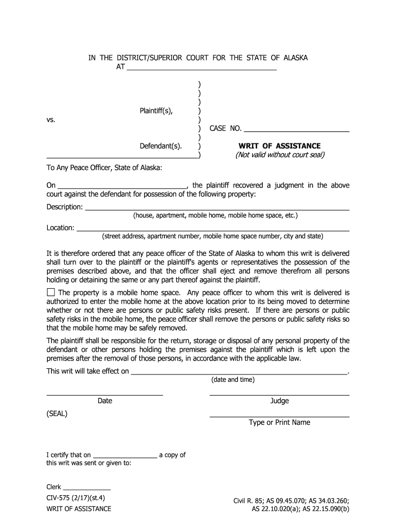 Fillable Online CIV 575 Writ of Assistance Civil Forms Fax