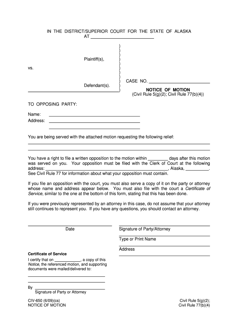 Civil Rule 5g2; Civil Rule 77b4  Form