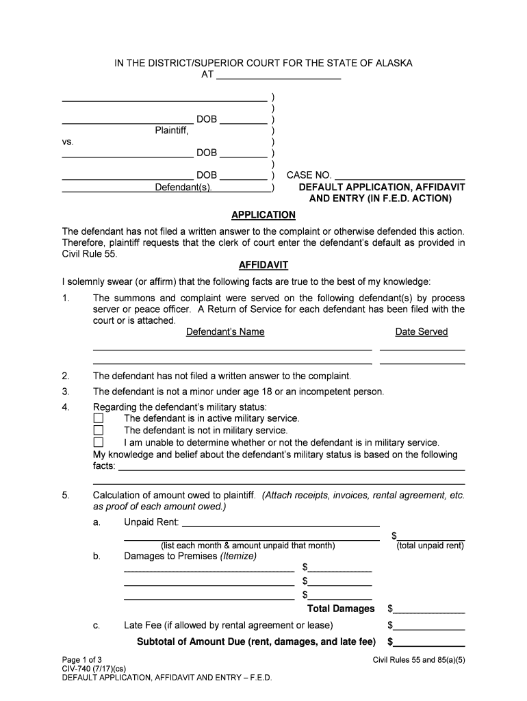 CIV 720 Default Application, Affidavit &amp;amp; Entry FED State of  Form