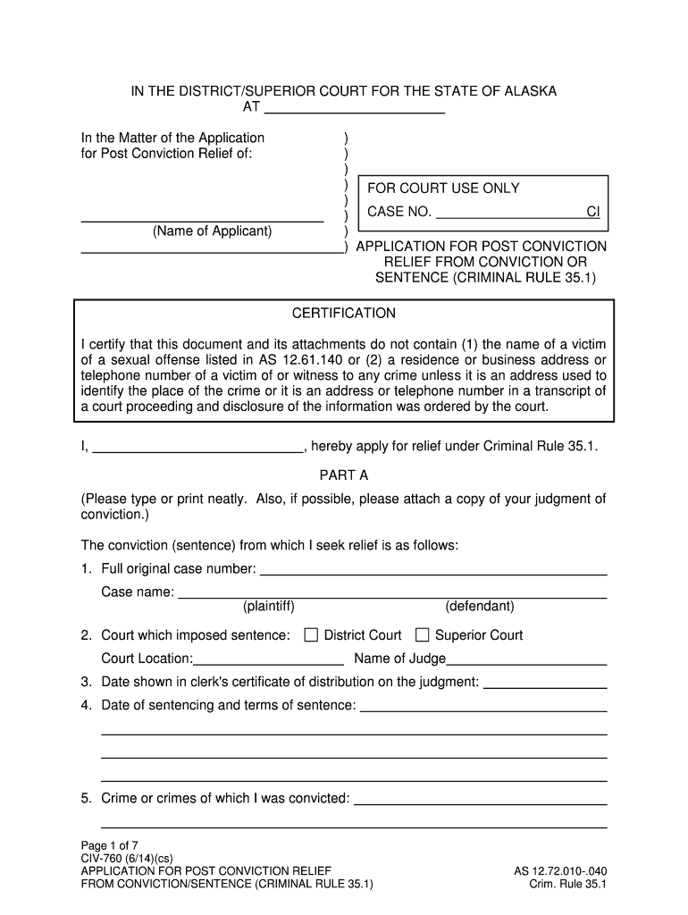 CIV 760 Application for Post Conviction Relief 614 Civil Forms