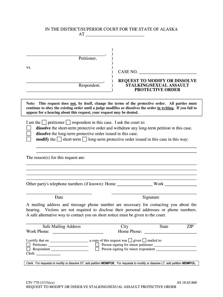 CIV 770 Request to Modify or Dissolve Stalking SA Protective  Form