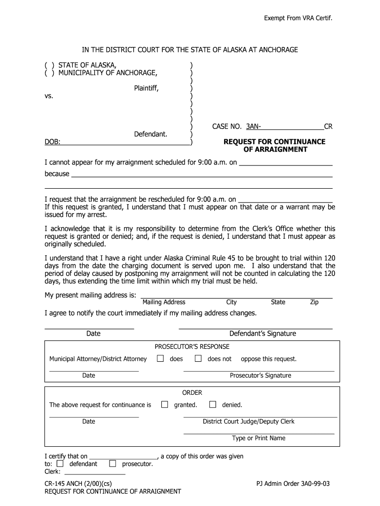CR 145 ANCH Request for Contiuance of Arraignment 2 00 Criminal Forms