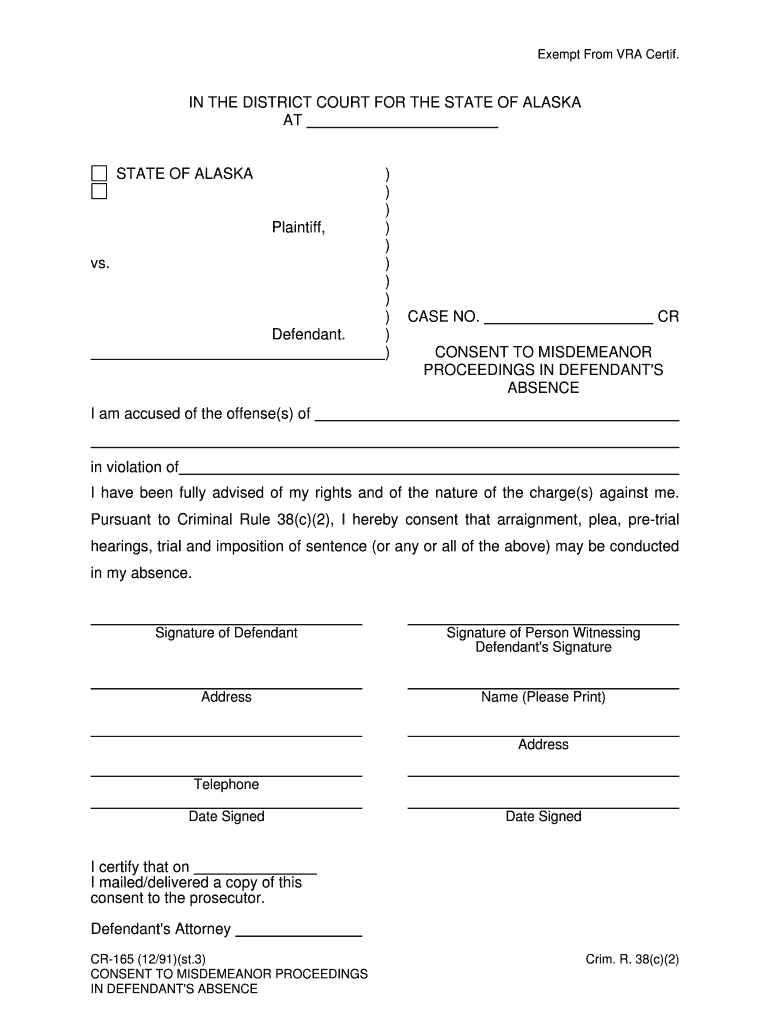 CR 165 Consent to Misdemeanor Proceedings in Defendant's a  Form