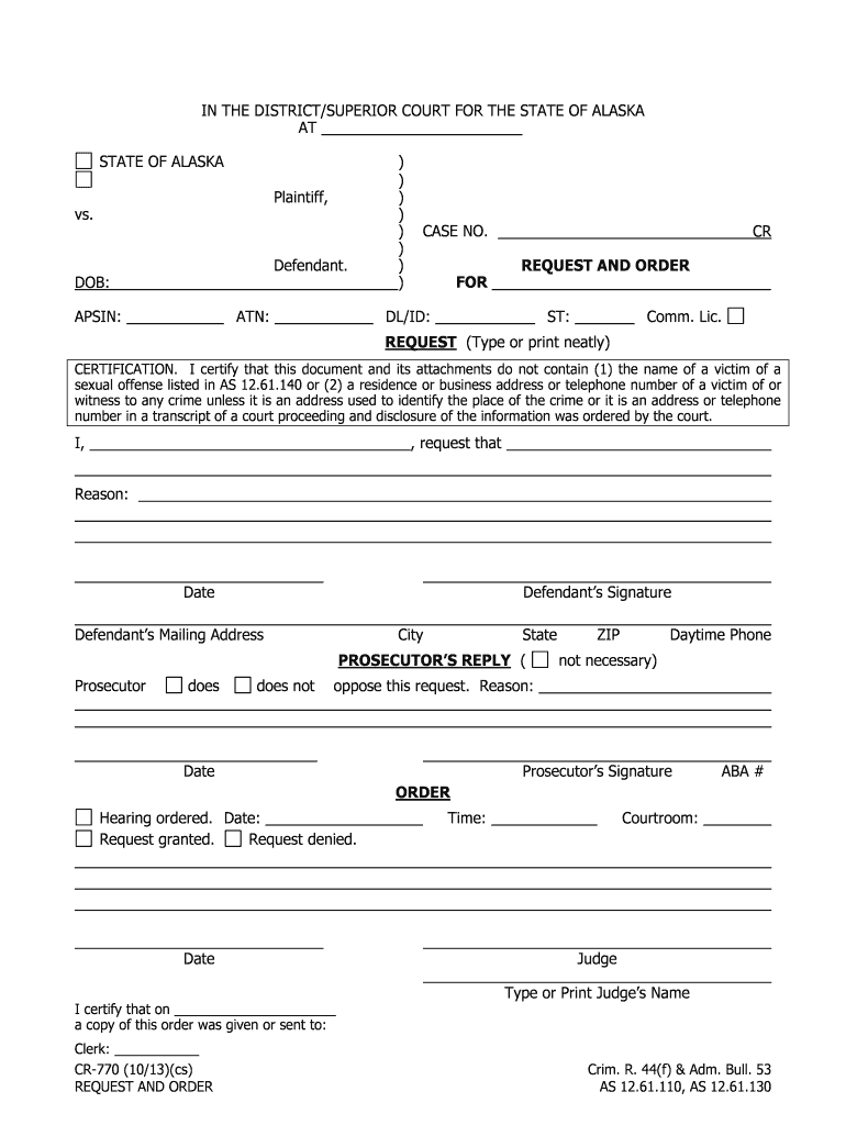 CR 770 Request and Order Alaska  Form