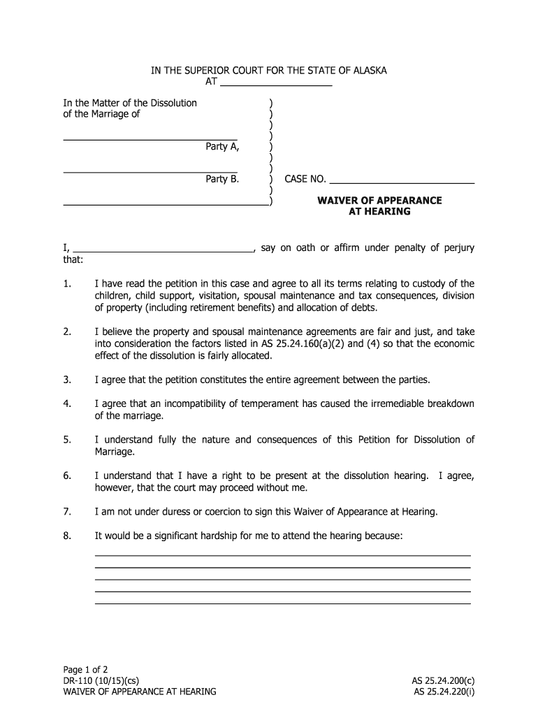 DR 110Waiver of Appearance at Hearing 10 15 Domestic Relations  Form