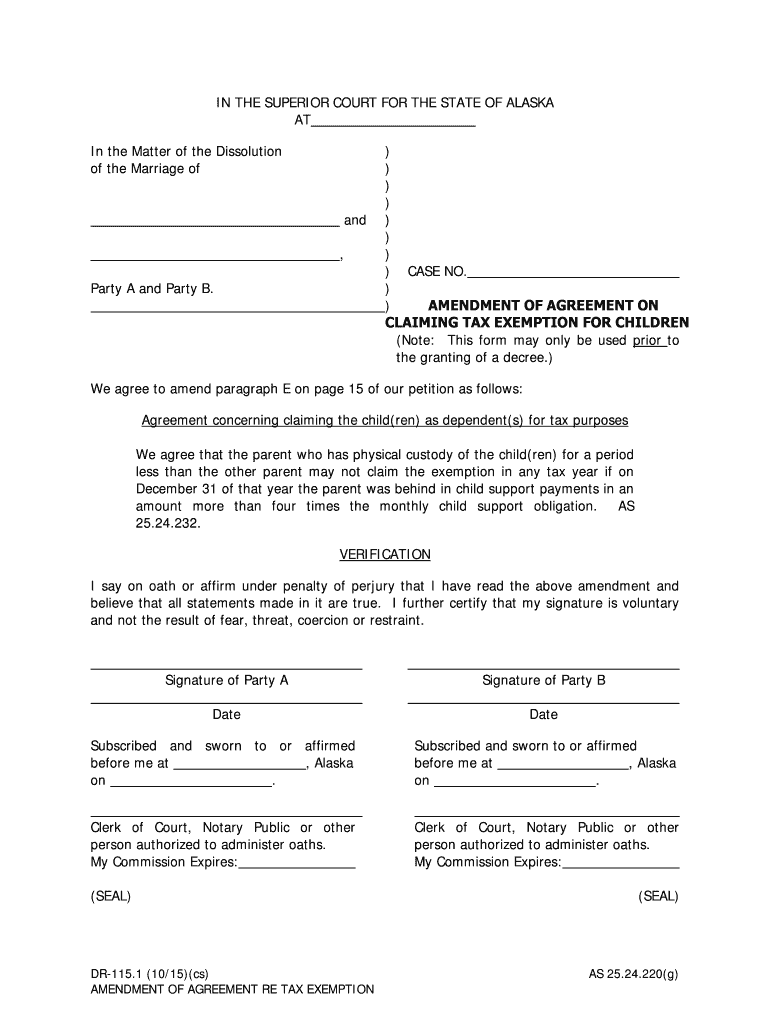 DR 115 1 Amend of Agreement on Claiming Tax Exemption for Children 10 15 Domestic Relations  Form