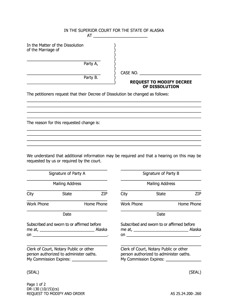 DR 130 Request to Modify Decree of Dissolution &amp;amp; Order 10 15 Domestic Relations  Form