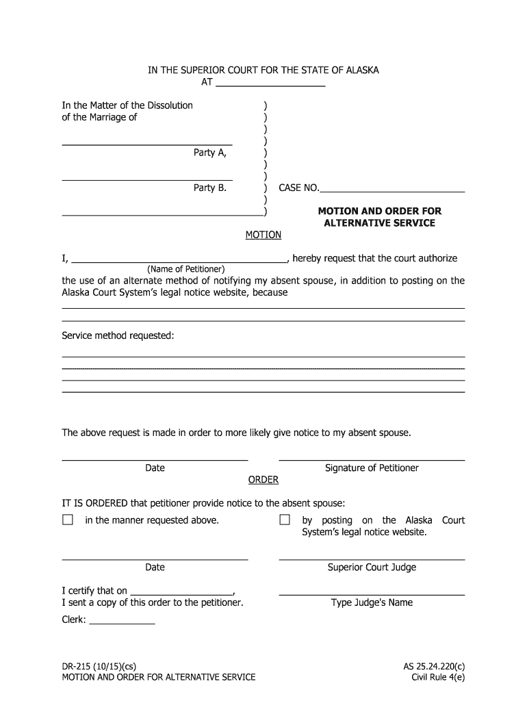 DR 215 Motion &amp;amp; Order for Alternative Service Domestic Relations  Form